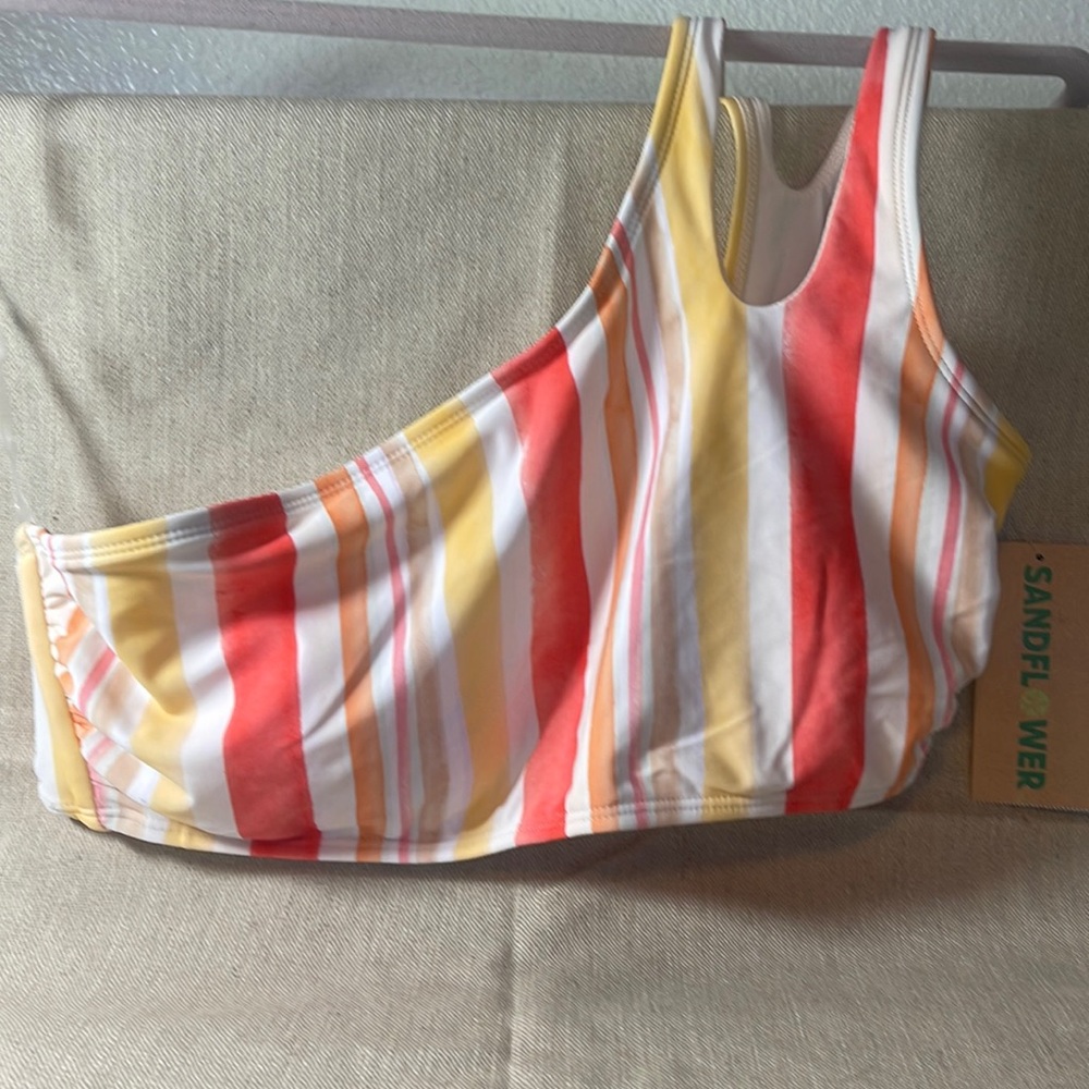 NEW SANDFLOWER ONE STRAP BIKINI TOP TIE DYE STRIPES LARGE 12/14 CORAL & YELLOW